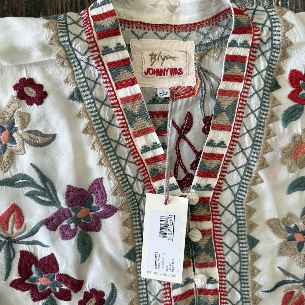Biya by Johnny Was Small Zazu Cupra Blouse White Floral Embroidered Boho Top - Picture 3 of 9